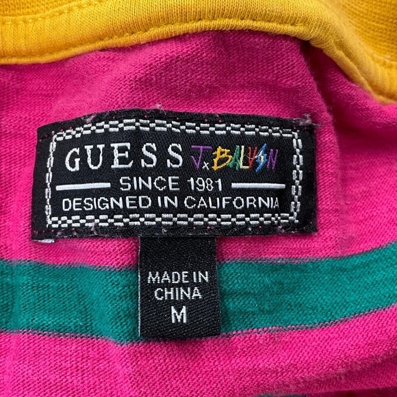 Guess x J Balvin Tee Short Sleeve Crew neckline Stripes Pink Green Yellow Sz M - Picture 8 of 11
